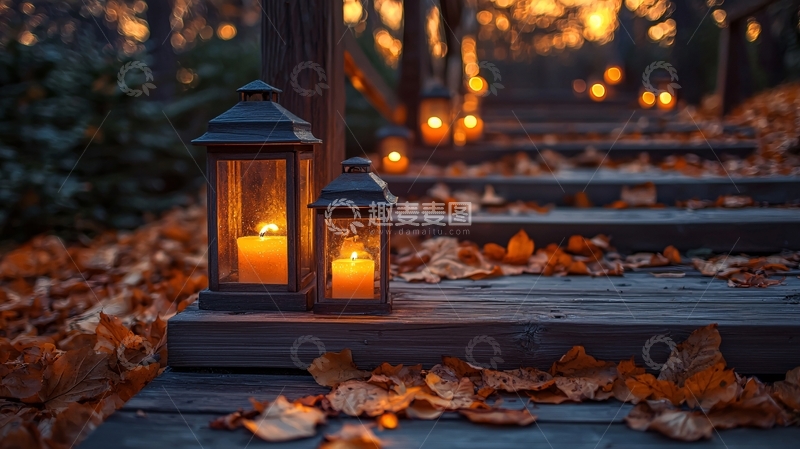 高清大图下载【趣麦麦图】秋日黄昏木质台阶烛光