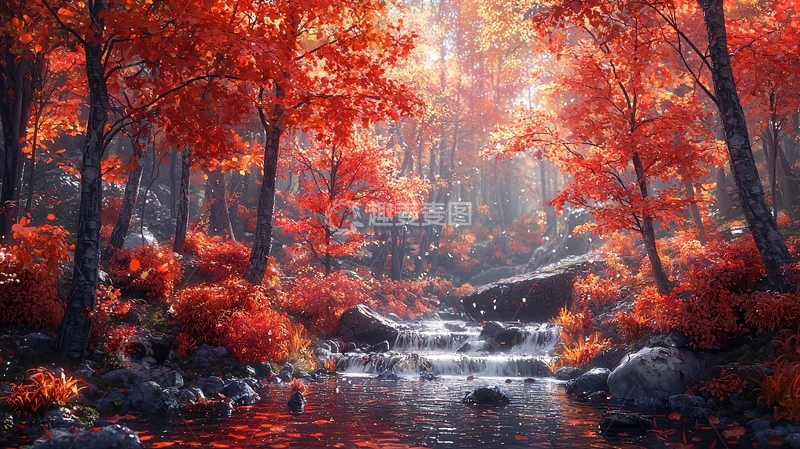 高清大图下载【趣麦麦图】秋日枫叶森林溪流