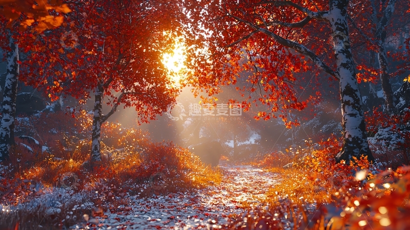 高清大图下载【趣麦麦图】红叶森林雪景清晨阳光