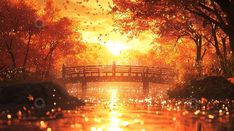 高清大图下载【趣麦麦图】夕阳枫叶小桥流水