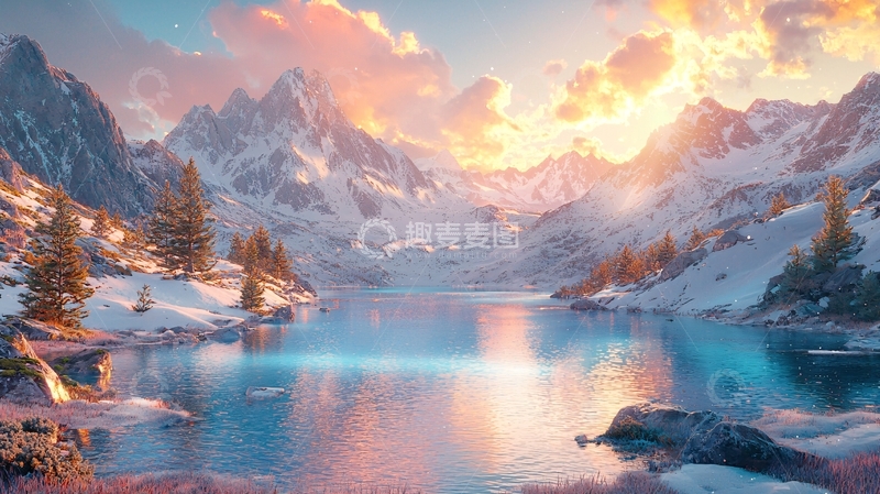 高清大图下载【趣麦麦图】雪山日落湖泊风景