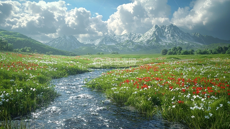 高清大图下载【趣麦麦图】山间溪流与野花盛开的草原