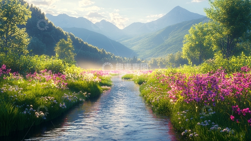 高清大图下载【趣麦麦图】阳光洒在山谷溪流