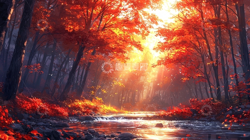 高清大图下载【趣麦麦图】秋日森林溪流阳光
