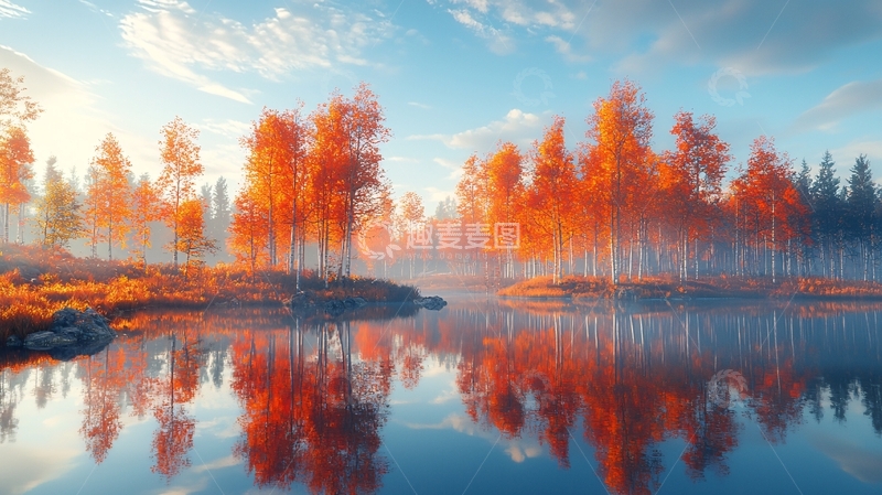 高清大图下载【趣麦麦图】秋日清晨雾气森林湖泊倒影
