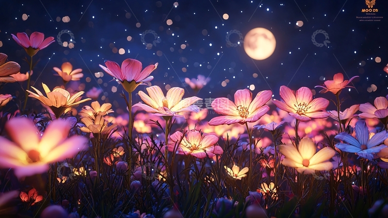 高清大图下载【趣麦麦图】梦幻花海月夜