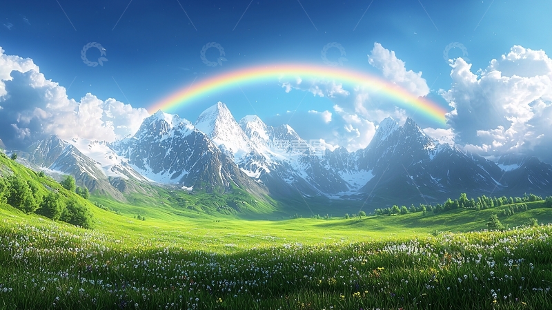 高清大图下载【趣麦麦图】彩虹雪山草原风景