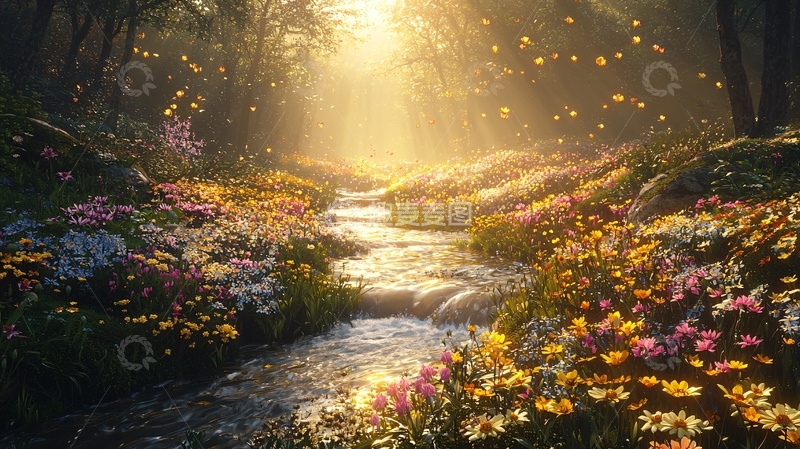 高清大图下载【趣麦麦图】森林小溪花海阳光