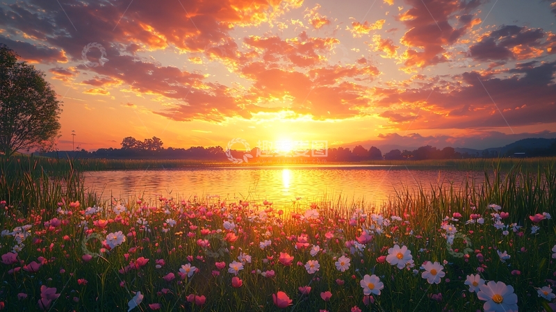 高清大图下载【趣麦麦图】日落湖边野花盛开
