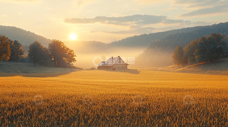 高清大图下载【趣麦麦图】清晨麦田山谷房屋