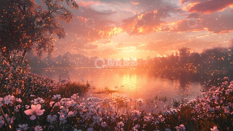 高清大图下载【趣麦麦图】夕阳西下湖边花海