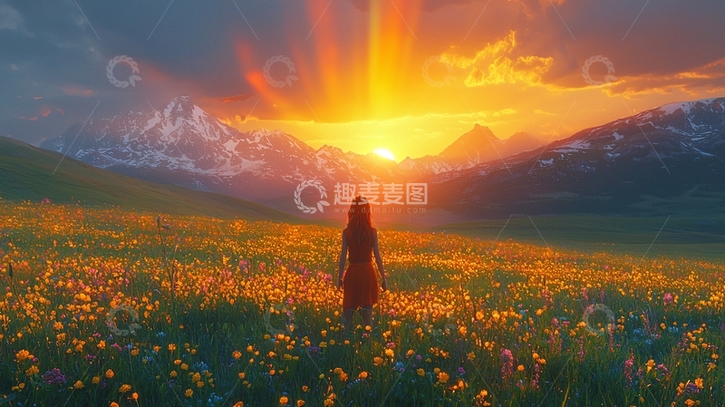 高清大图下载【趣麦麦图】极光般日出下的女人
