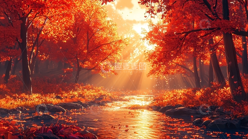 高清大图下载【趣麦麦图】秋日森林小溪夕阳