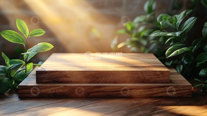 高清大图下载【趣麦麦图】光线透过绿植照射木质台阶