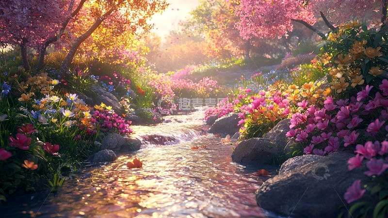 高清大图下载【趣麦麦图】春日溪流花海