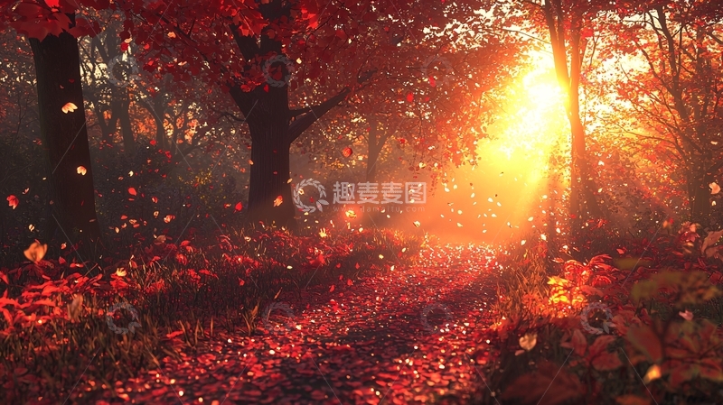 高清大图下载【趣麦麦图】秋日红叶森林小路