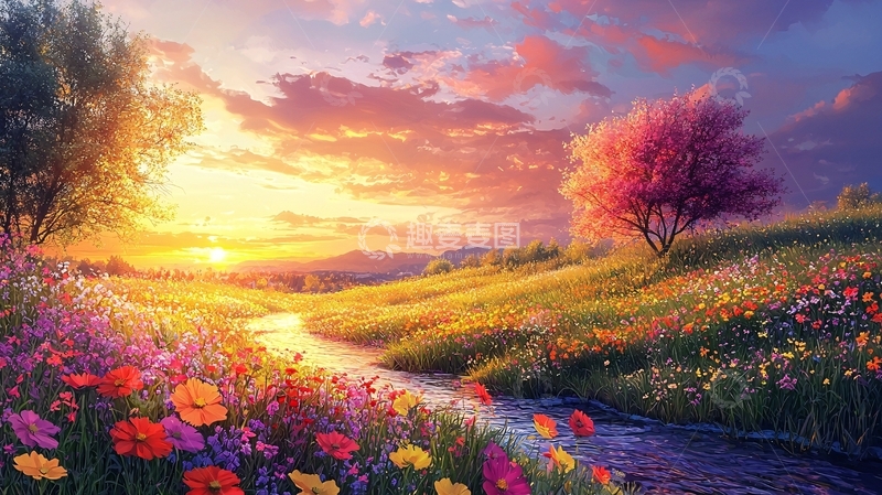 高清大图下载【趣麦麦图】日落彩虹花海田园