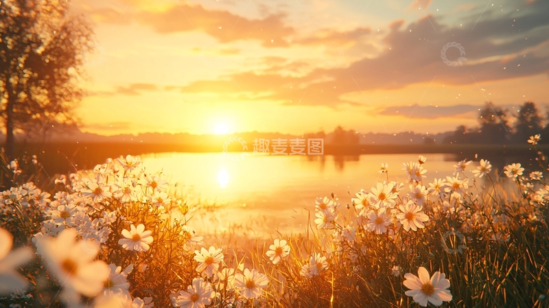 高清大图下载【趣麦麦图】日出湖边野花盛开