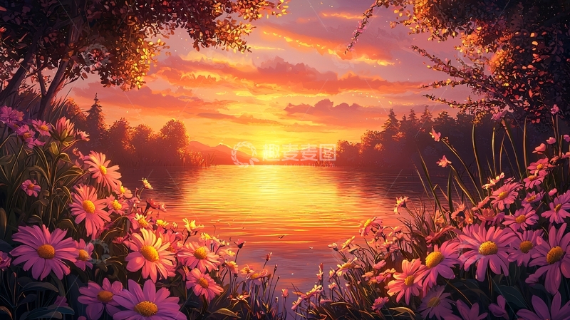 高清大图下载【趣麦麦图】夕阳西下湖边野花