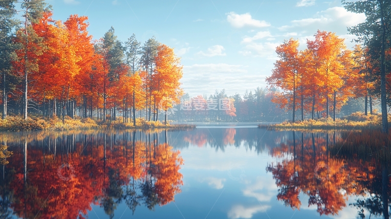 高清大图下载【趣麦麦图】秋日湖边枫叶倒影