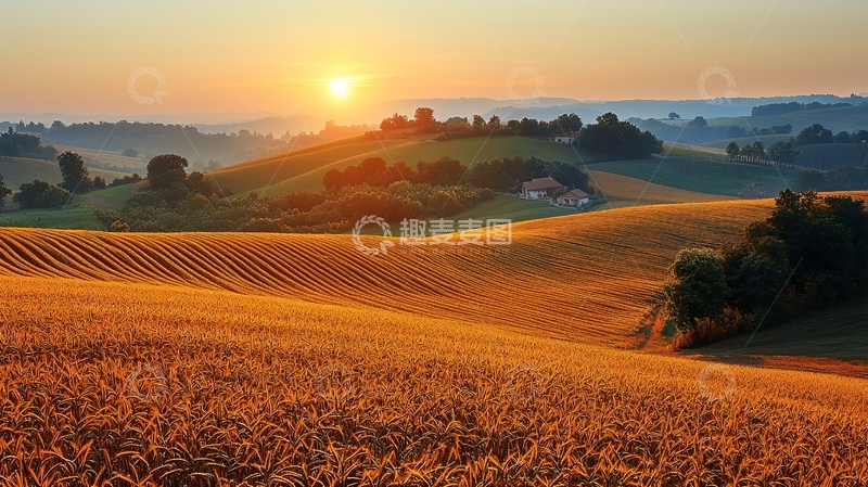 高清大图下载【趣麦麦图】日出麦田乡村风景