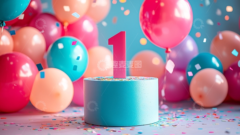 粉色气球一岁生日蛋糕