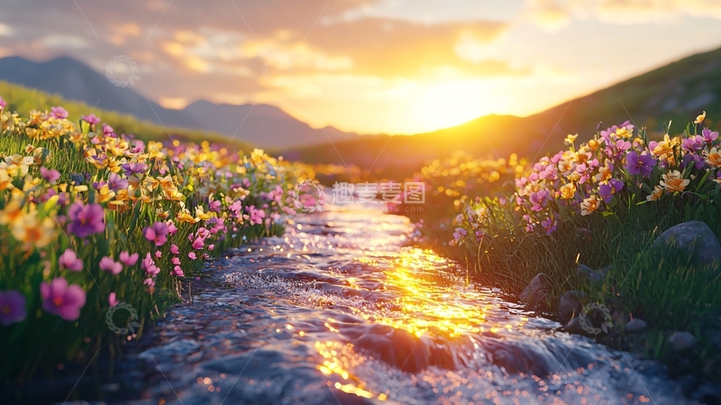 高清大图下载【趣麦麦图】山间溪流日落花海
