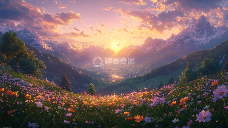 高清大图下载【趣麦麦图】日落山谷花海景色