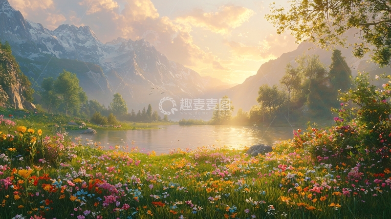 高清大图下载【趣麦麦图】山间湖泊鲜花盛开