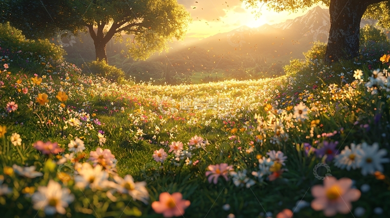 高清大图下载【趣麦麦图】阳光洒满鲜花盛开的田野