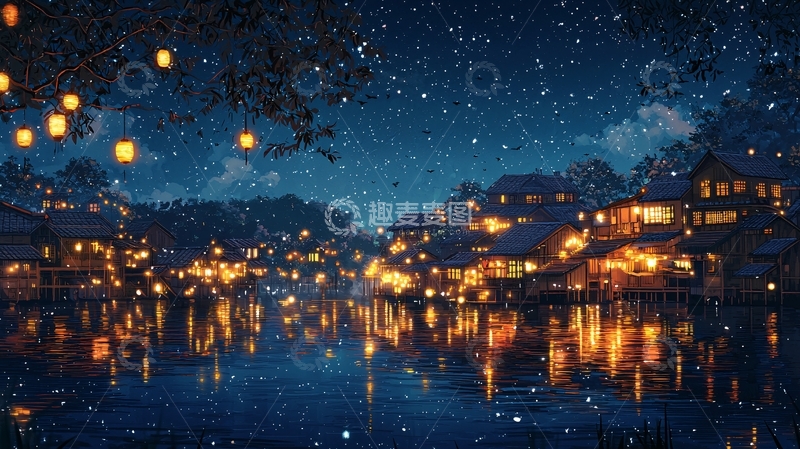 高清大图下载【趣麦麦图】冬夜雪景小镇