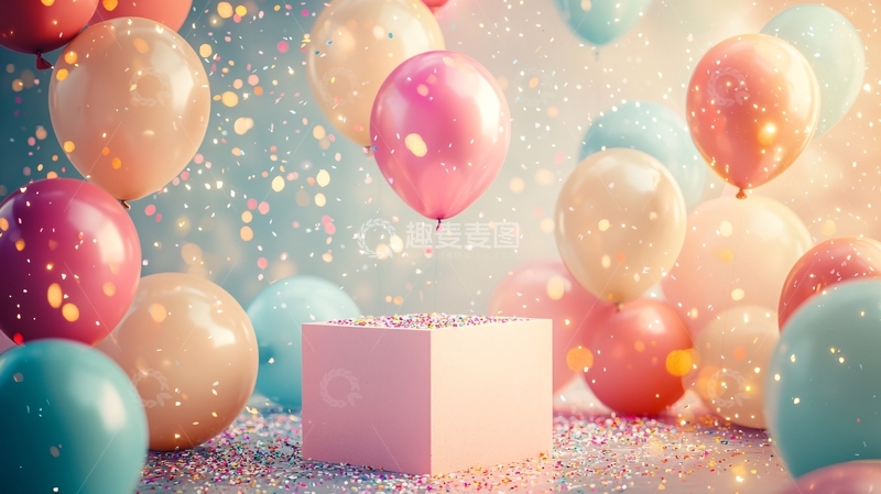 高清大图下载【趣麦麦图】彩色气球围绕粉色礼盒