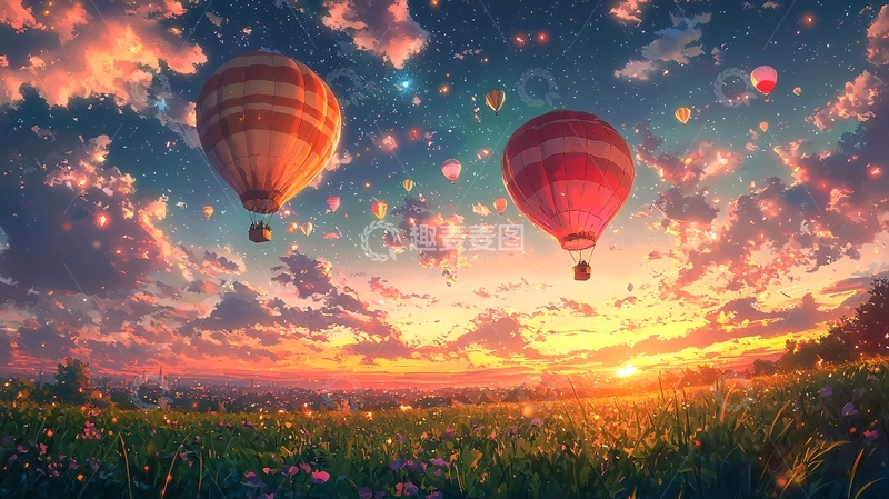 高清大图下载【趣麦麦图】梦幻热气球日落风景