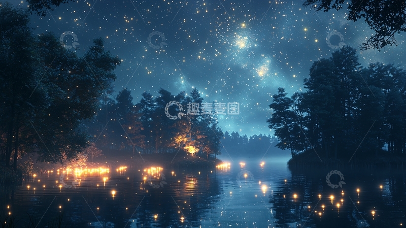 高清大图下载【趣麦麦图】星空下的湖边村庄