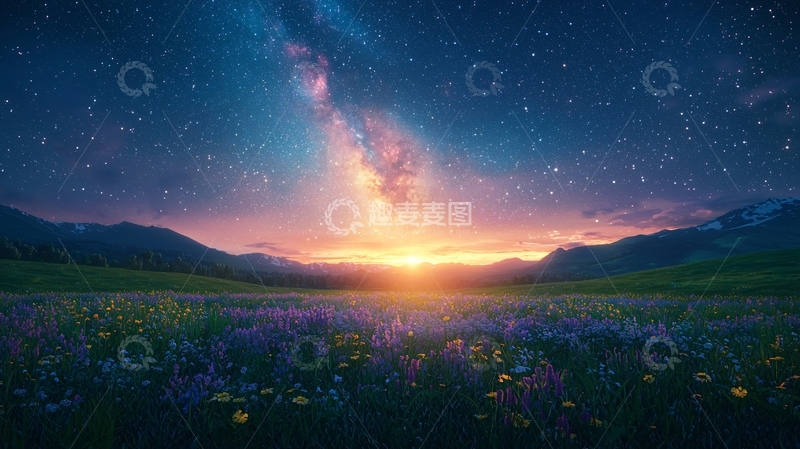 高清大图下载【趣麦麦图】星空下的花海日出