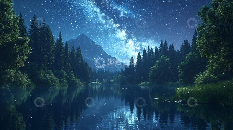 高清大图下载【趣麦麦图】星空下的森林湖泊