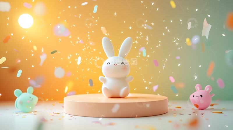 高清大图下载【趣麦麦图】彩色纸屑背景下的可爱兔子