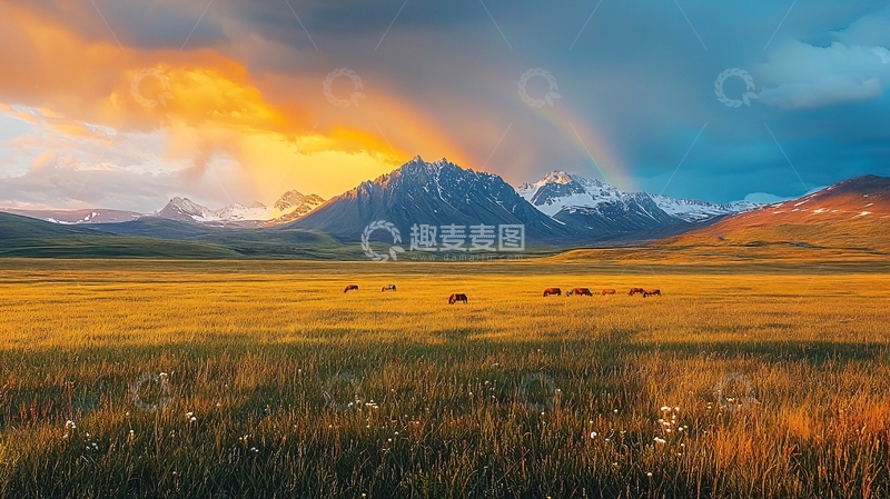 高清大图下载【趣麦麦图】彩虹山脉草原日落