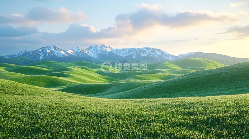 高清大图下载【趣麦麦图】绿色山峦草原雪山日出