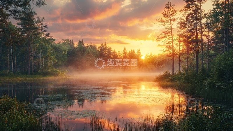 高清大图下载【趣麦麦图】森林日出湖泊倒影