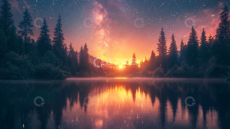 高清大图下载【趣麦麦图】星空下的森林湖泊