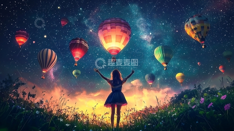 高清大图下载【趣麦麦图】星空热气球女孩