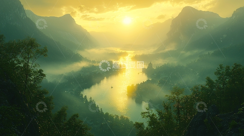 高清大图下载【趣麦麦图】日出山谷河流