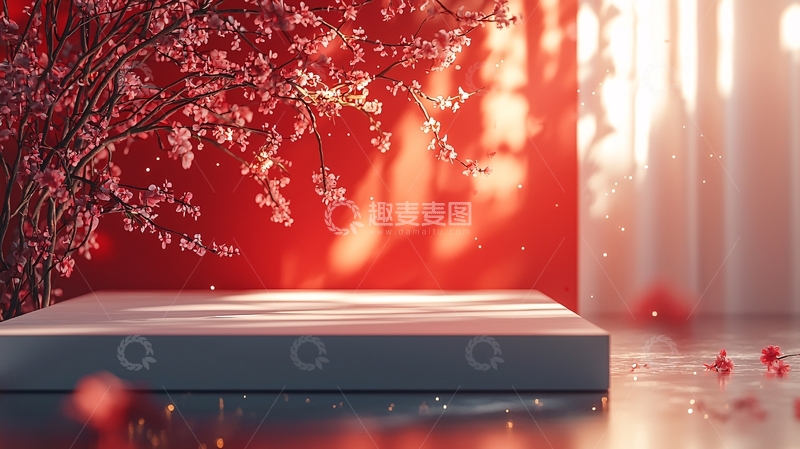 高清大图下载【趣麦麦图】红底樱花飘落展示台
