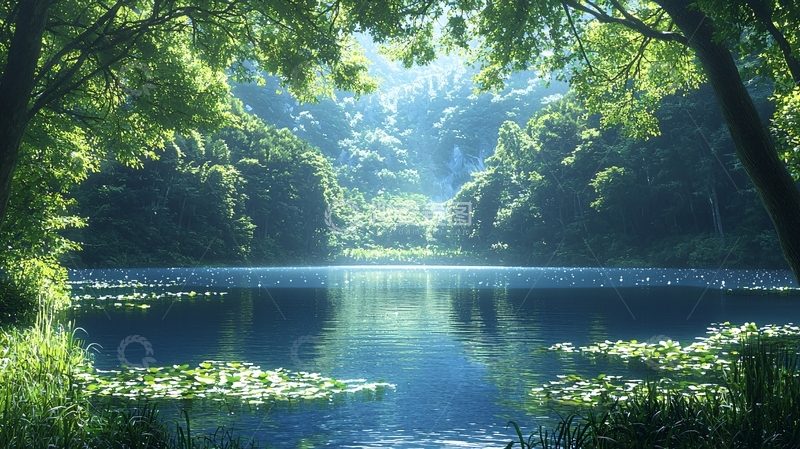 高清大图下载【趣麦麦图】阳光透过树林照射湖面