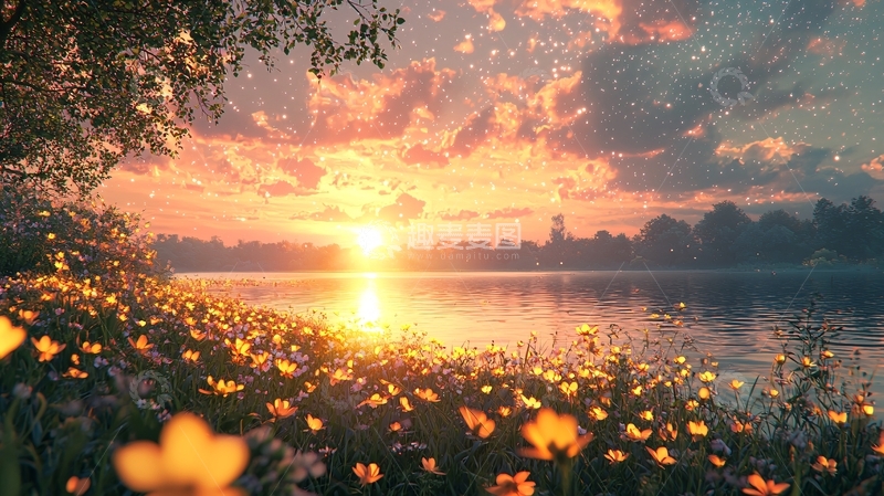 高清大图下载【趣麦麦图】日落湖边野花盛开