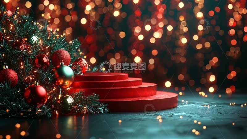 高清大图下载【趣麦麦图】圣诞树红球礼品台背景