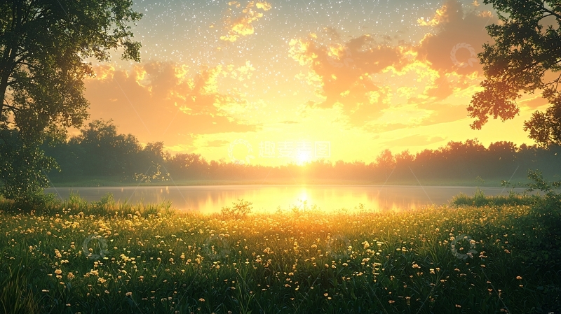 高清大图下载【趣麦麦图】清晨湖边日出美景
