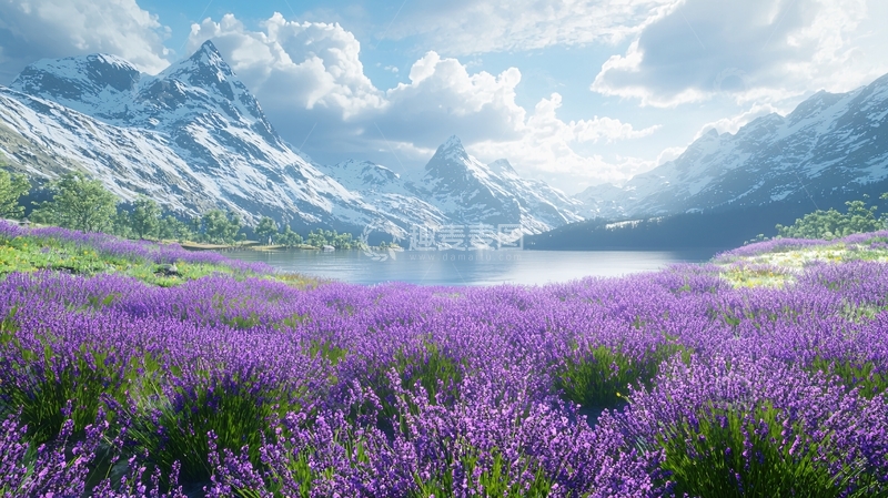 高清大图下载【趣麦麦图】薰衣草花田雪山景色