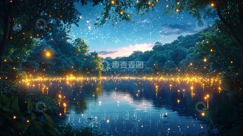 高清大图下载【趣麦麦图】梦幻萤火湖泊夜景